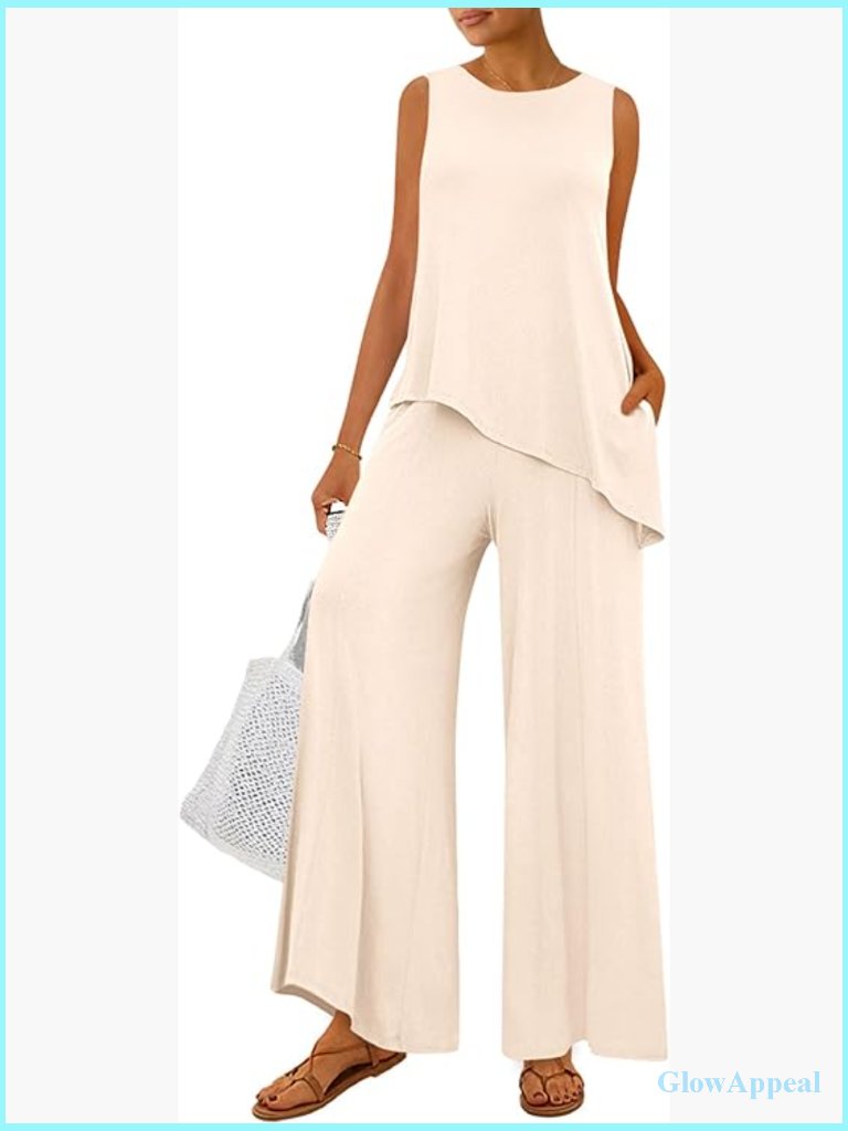 Medium Loose Fit Lounge Set Asymmetrical Tank Wide Leg Pants